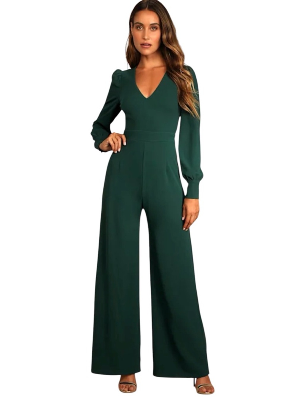 Lulus Jumpsuit Women XL Green Buisness Suit Romance Wide-Leg Fitted V- Neck